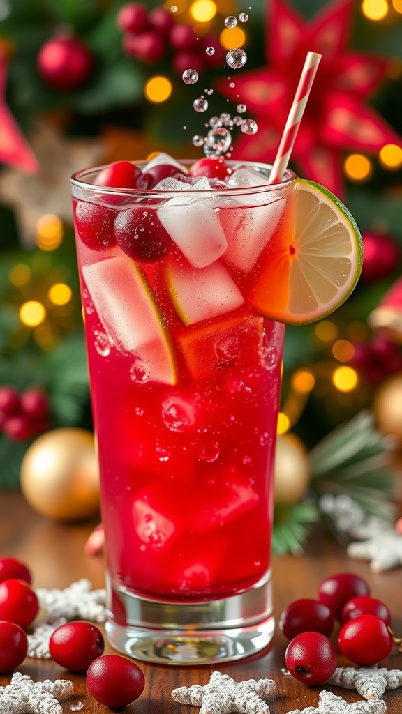 Cranberry Bourbon Fizz Cocktail in a glass with ice, garnished with cranberries and lime slice, against a festive background.